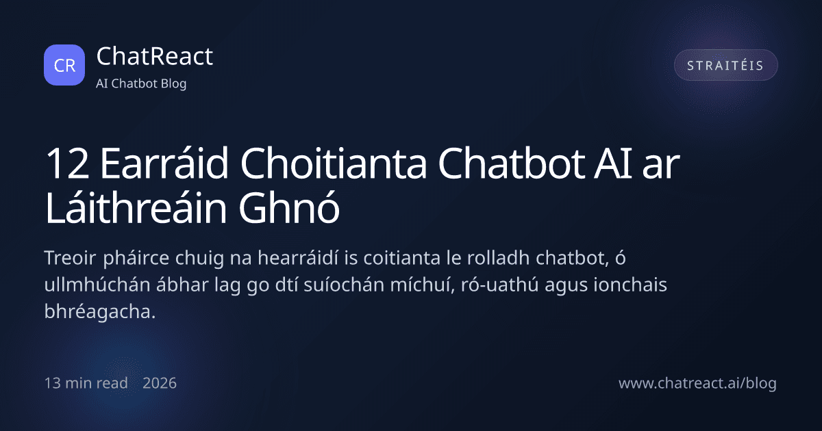 Léiriú an ailt '12 Earráid Choitianta Chatbot AI ar Láithreáin Ghnó'