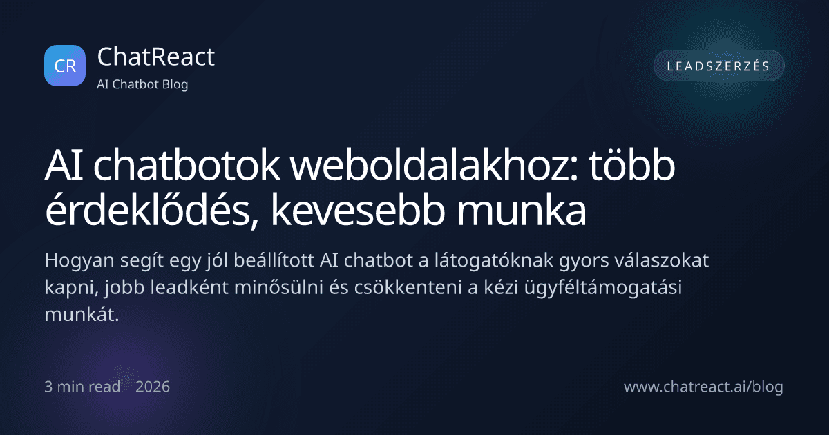 Cikkillusztráció weboldali AI chatbotról, amely több érdeklődést hoz kevesebb kézi munkával