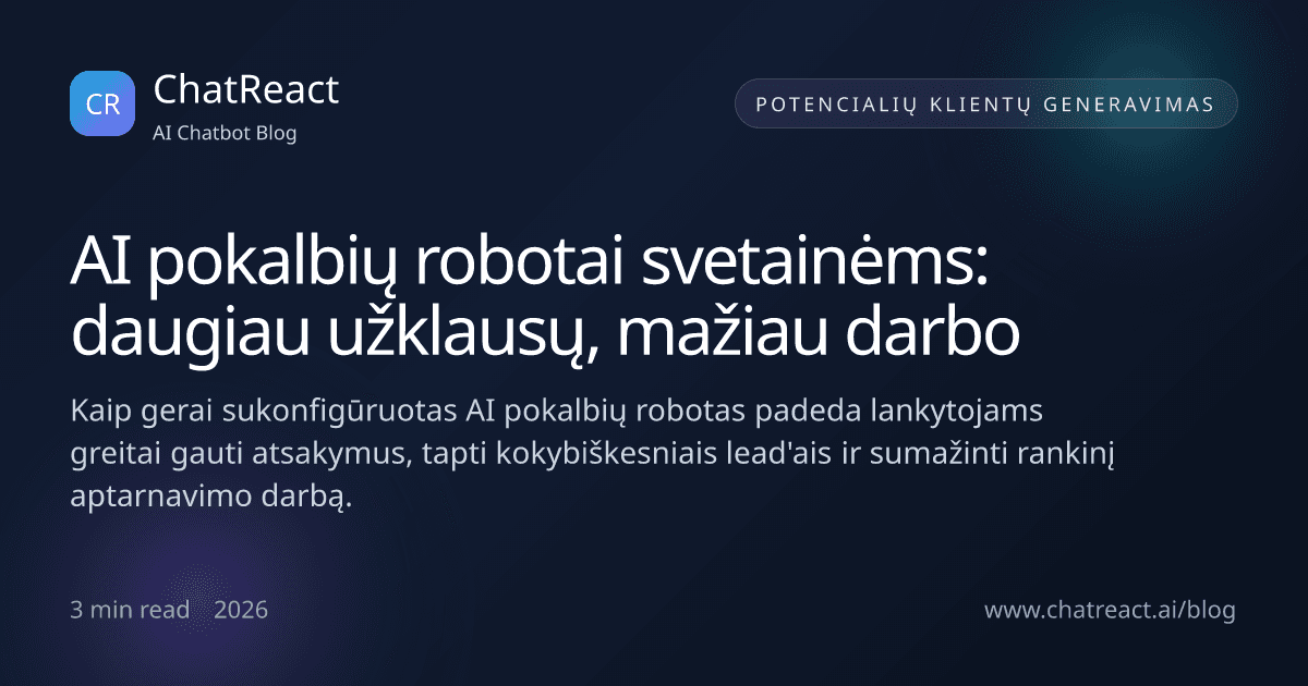 Straipsnio iliustracija apie svetainės AI pokalbių robotą, kuris suteikia daugiau užklausų su mažiau rankinio darbo