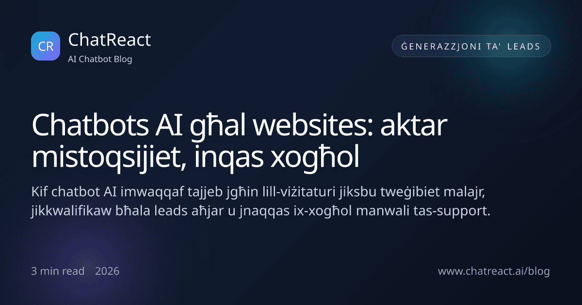 Illustrazzjoni ta' chatbot AI fuq website li joħloq aktar talbiet b'inqas xogħol manwali