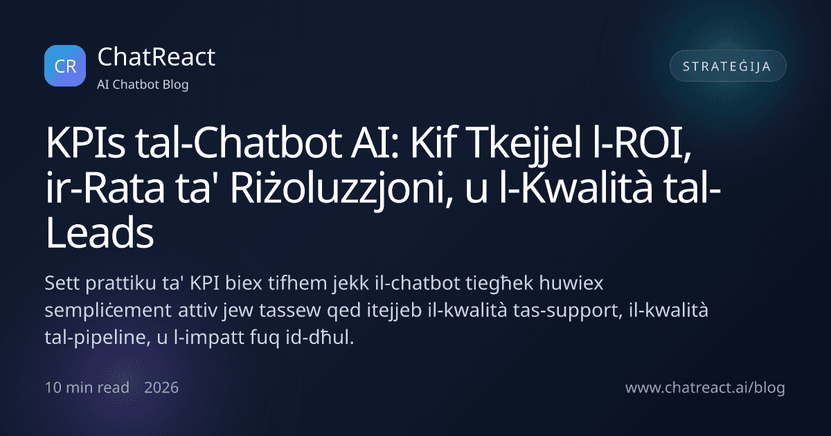 Illustrazzjoni għall-artiklu KPIs tal-Chatbot AI: Kif Tkejjel l-ROI, ir-Rata ta' Riżoluzzjoni, u l-Kwalità tal-Leads