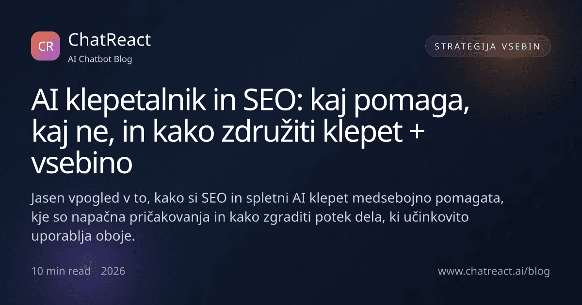 Ilustracija članka: AI klepetalnik in SEO — kaj pomaga, kaj ne in kako združiti klepet + vsebino