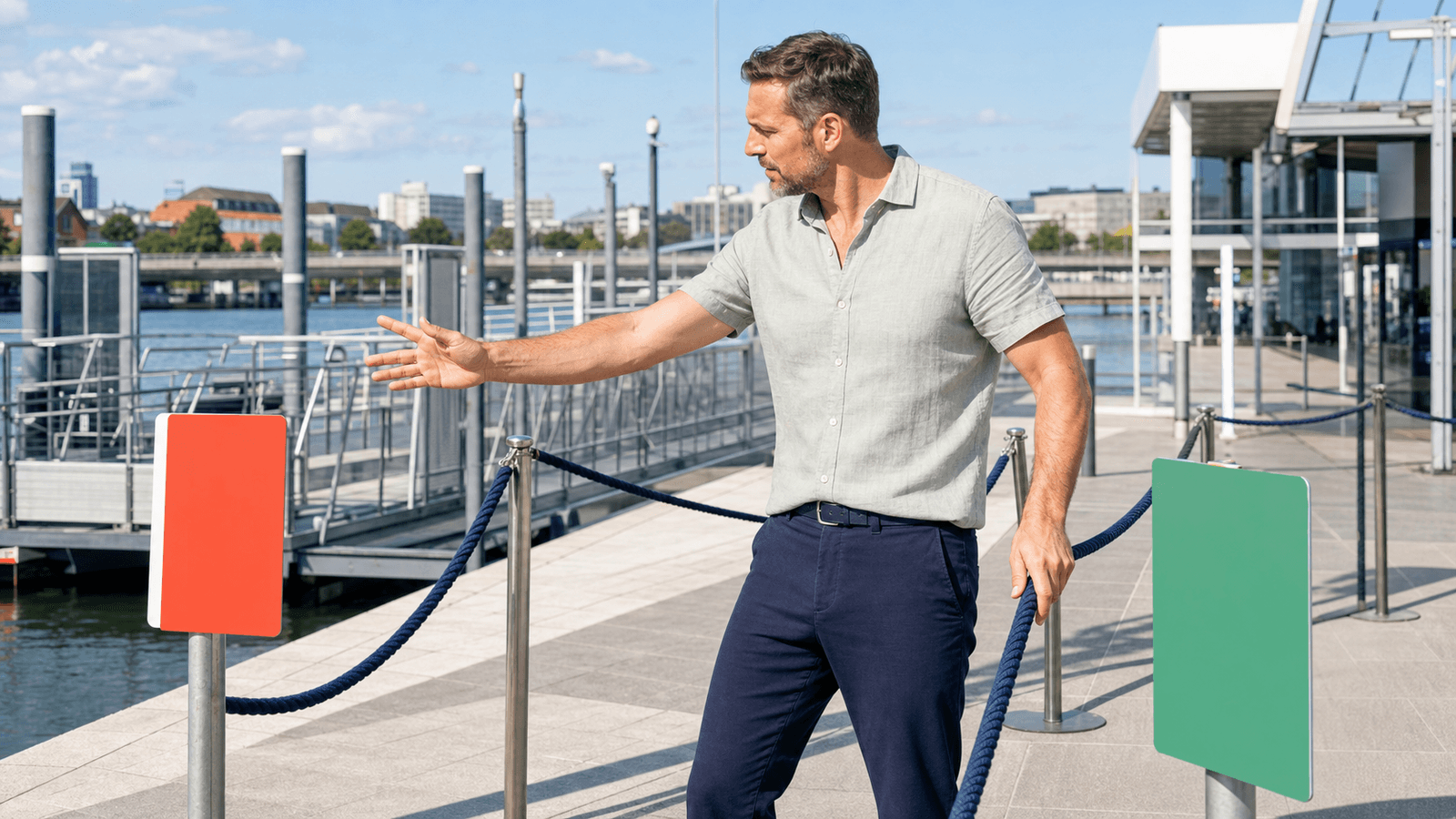 An operations manager calmly directs visitors to a safe alternative route at a sunny ferry terminal