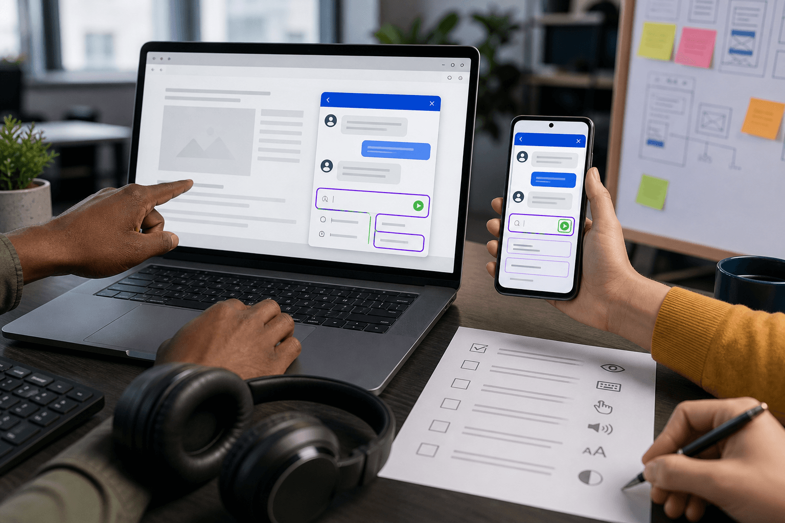 Team tester en chatbot-widget på bærbar computer og smartphone for tastaturfokus, mobil betjening og tilgængelighed.