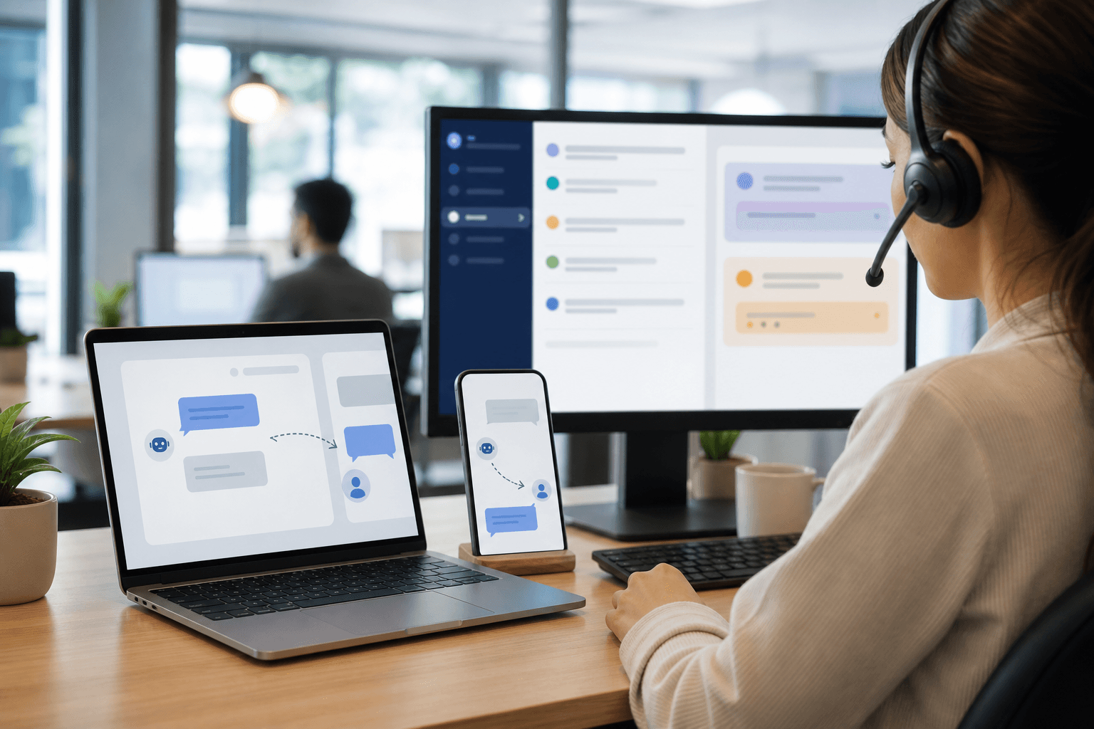 Support-Mitarbeiterin prüft die Übergabe eines KI-Chatbot-Dialogs an einen Menschen auf Laptop und Smartphone
