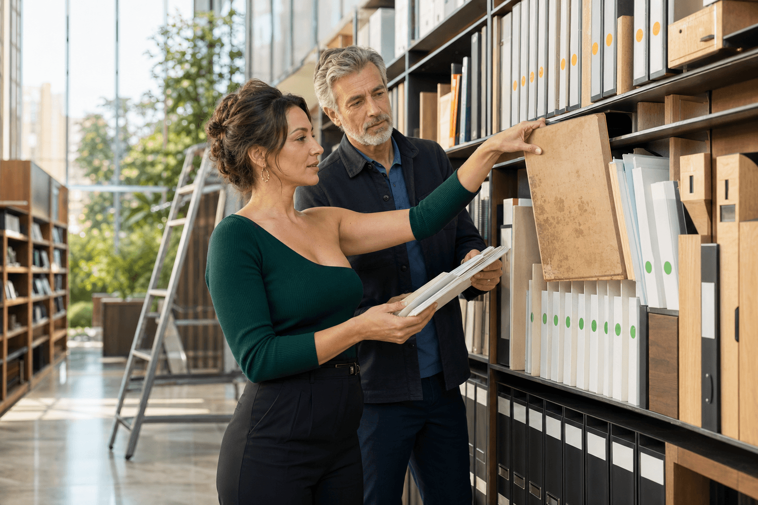 Two professionals replace an outdated knowledge source with verified, current documents in a modern archive.