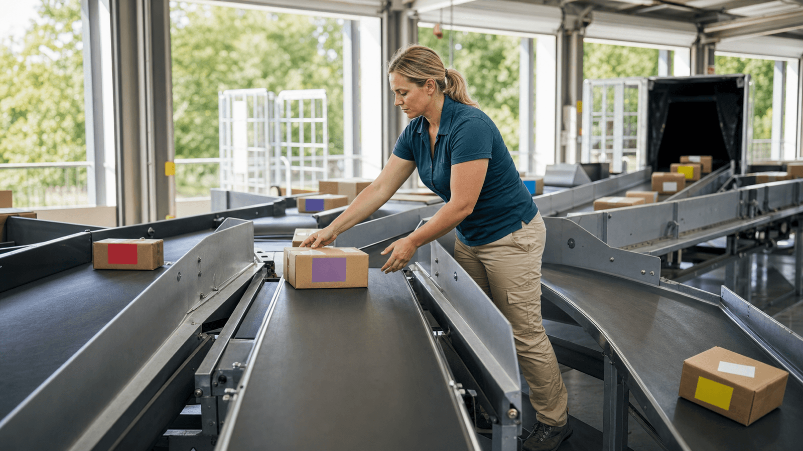 Kvindelig logistikspecialist kontrollerer en pakkesorteringssluse som symbol på testet AI-chatbot-routing