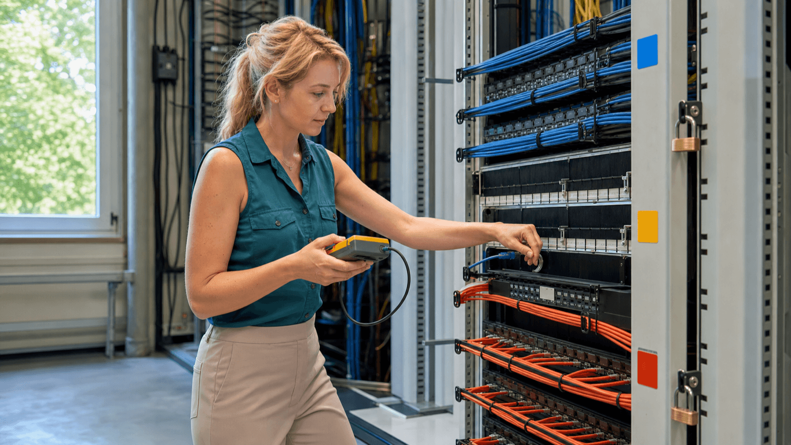 IT security expert inspecting separated and secured network zones as a metaphor for prompt injection protection