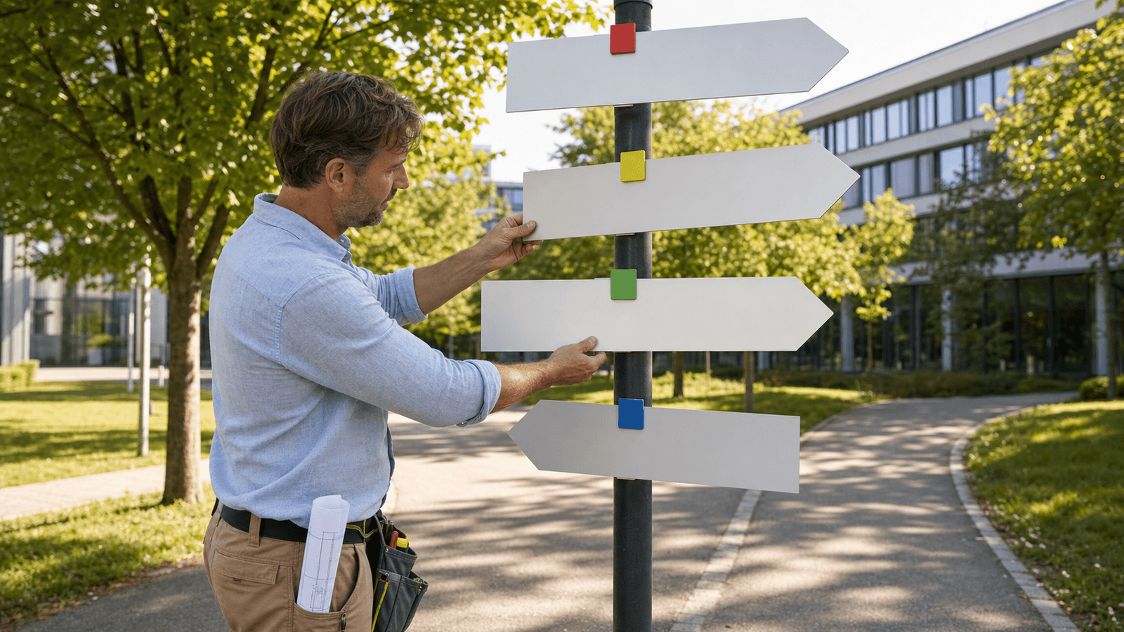 Ein Fachmann richtet im sommerlichen Außenbereich neue Wegweiser für einen kontrollierten Website-Relaunch aus