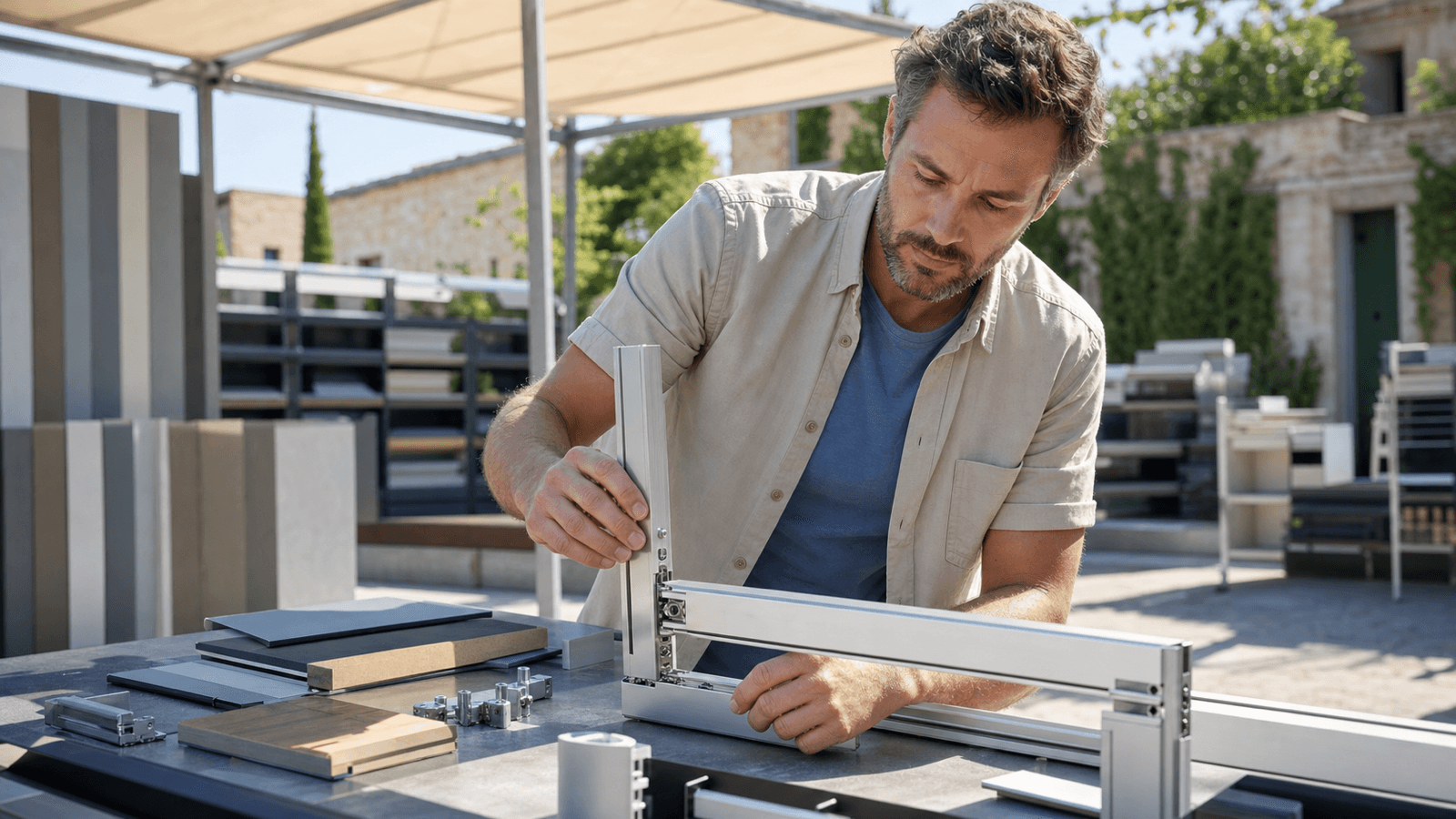 Un tecnico esperto assembla i profili in alluminio idonei in un piazzale per materiali per creare una configurazione valida