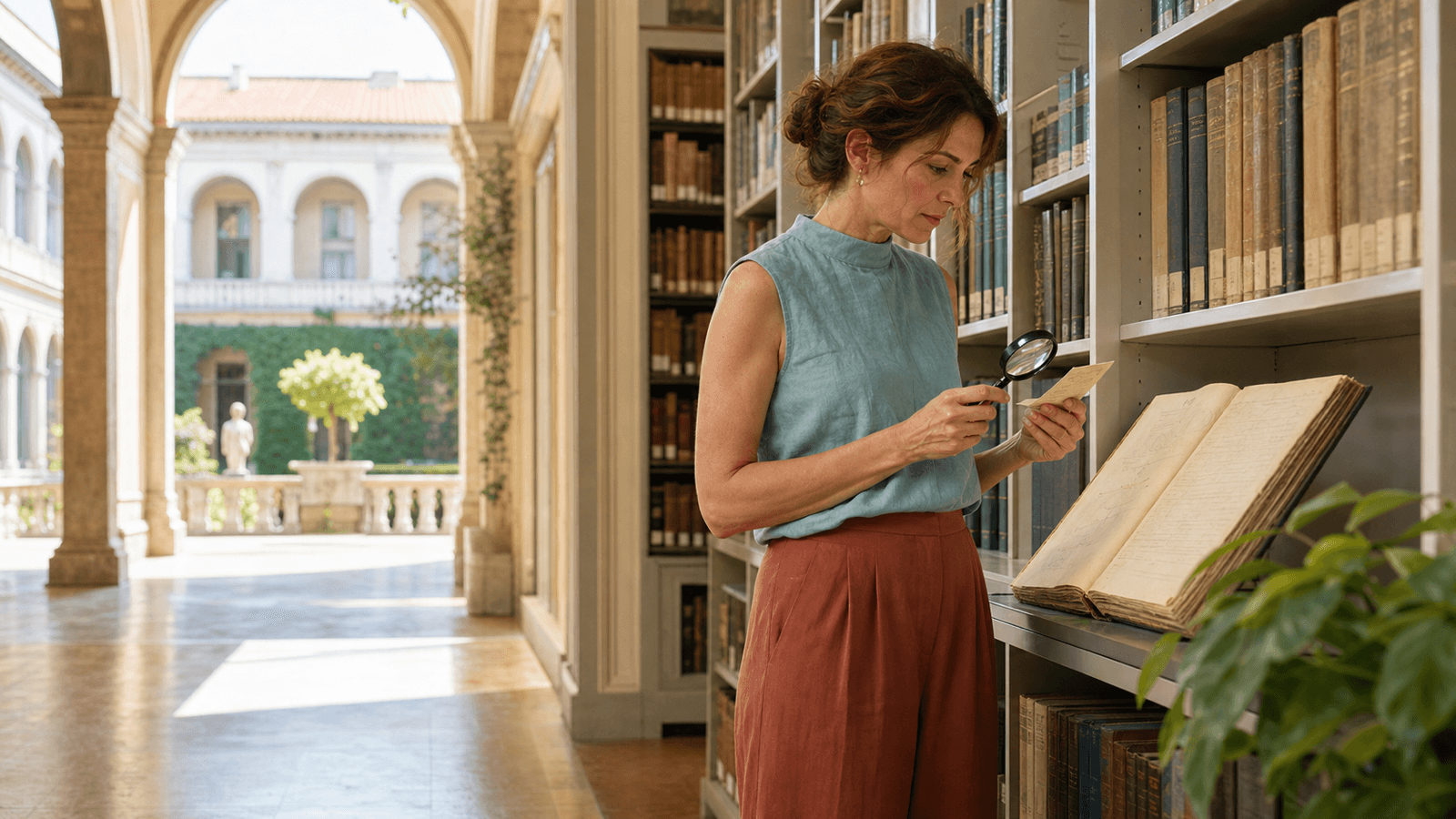Un verificatore di fonti confronta un'opera di consultazione con schede d'archivio in una galleria di biblioteca estiva