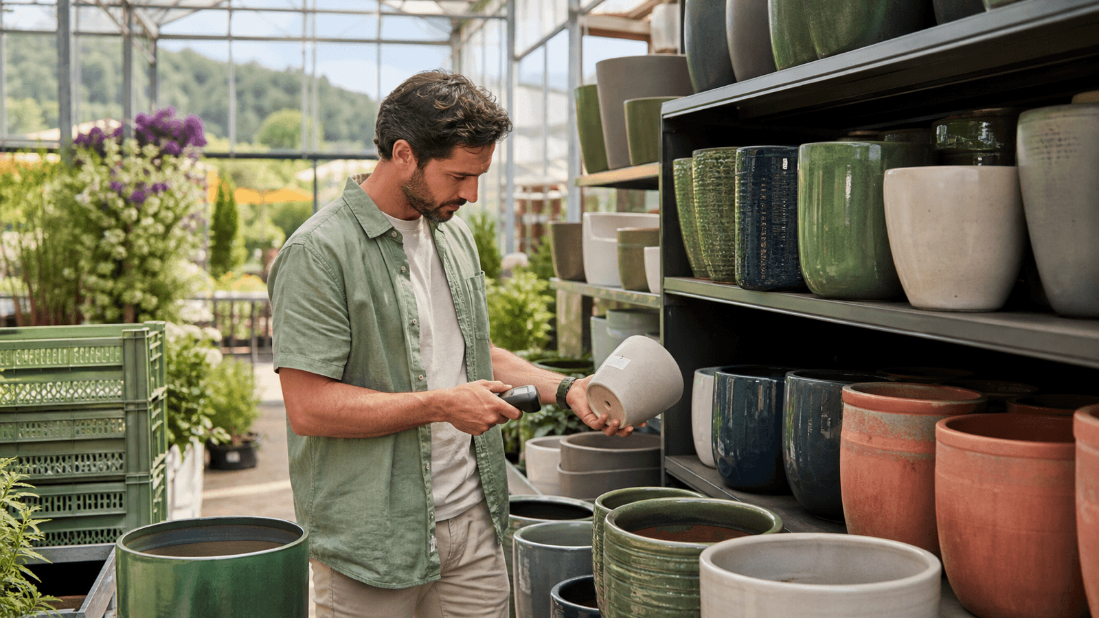 Addetto all'inventario controlla diverse varianti di vasi da fiori con uno scanner portatile in un vivaio estivo