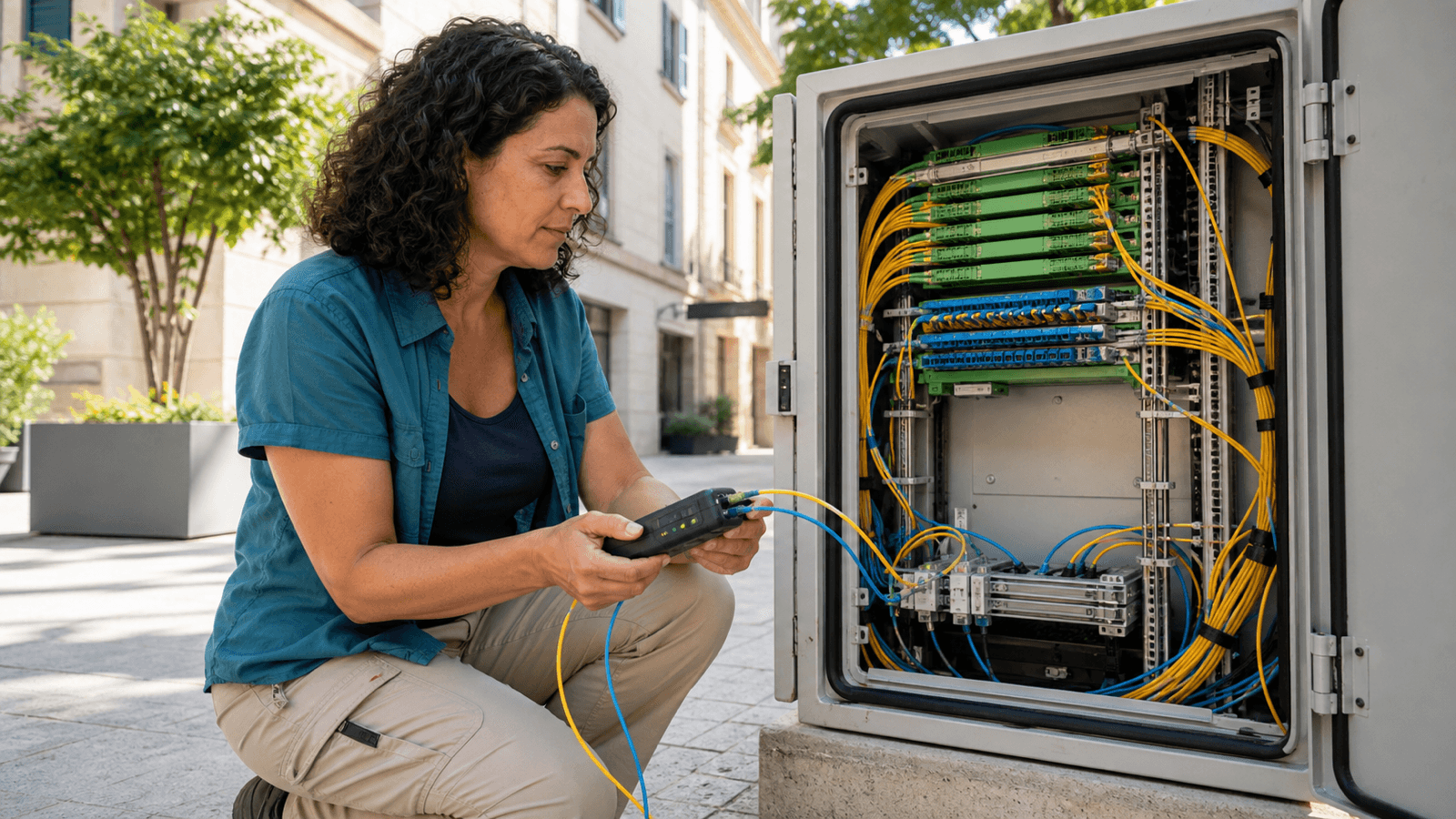 Un tecnico di rete verifica il percorso di risposta di un chatbot AI su un distributore in fibra ottica