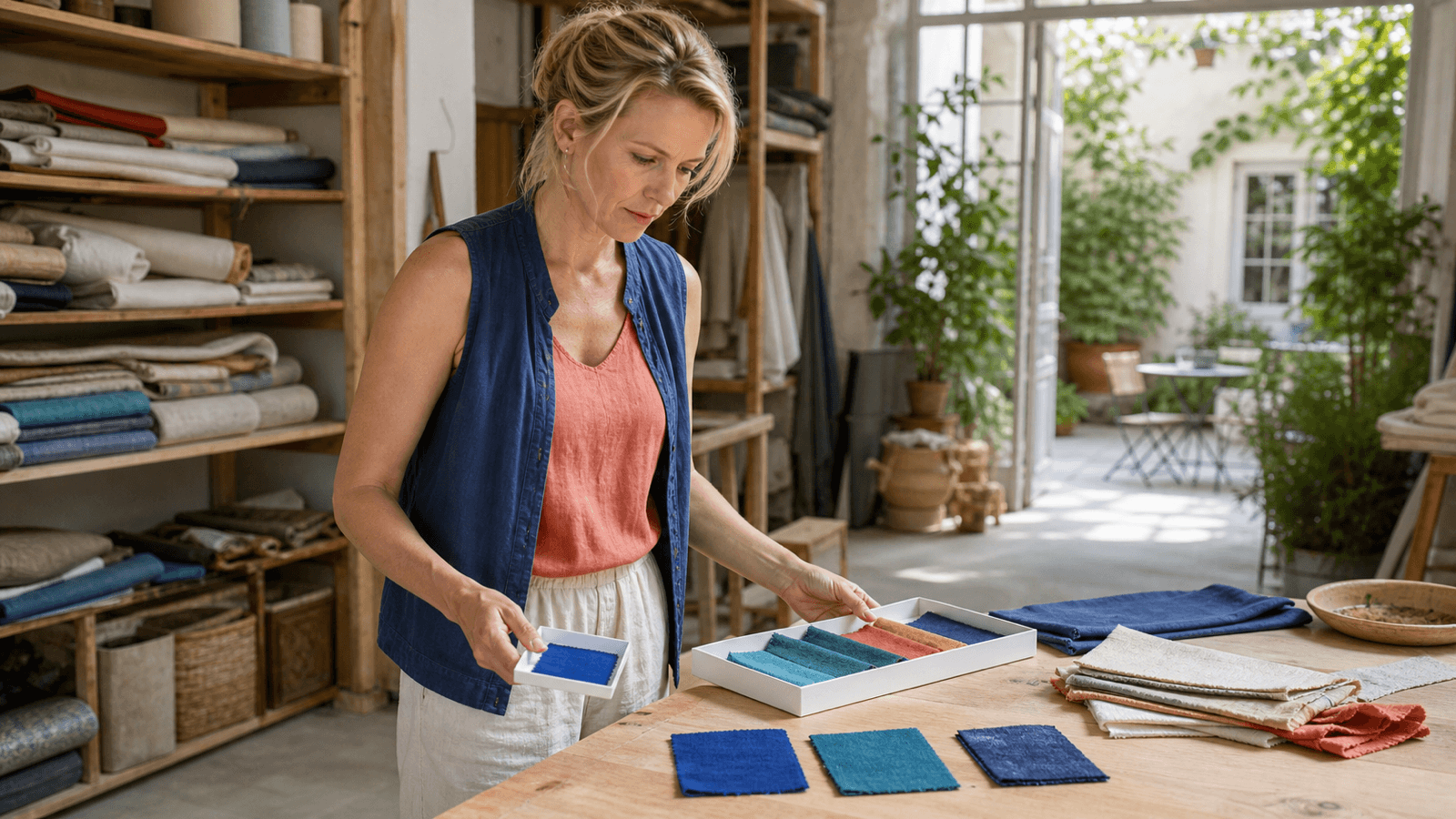 Professional comparing colorful fabric swatches in a bright workshop and organizing the most relevant samples