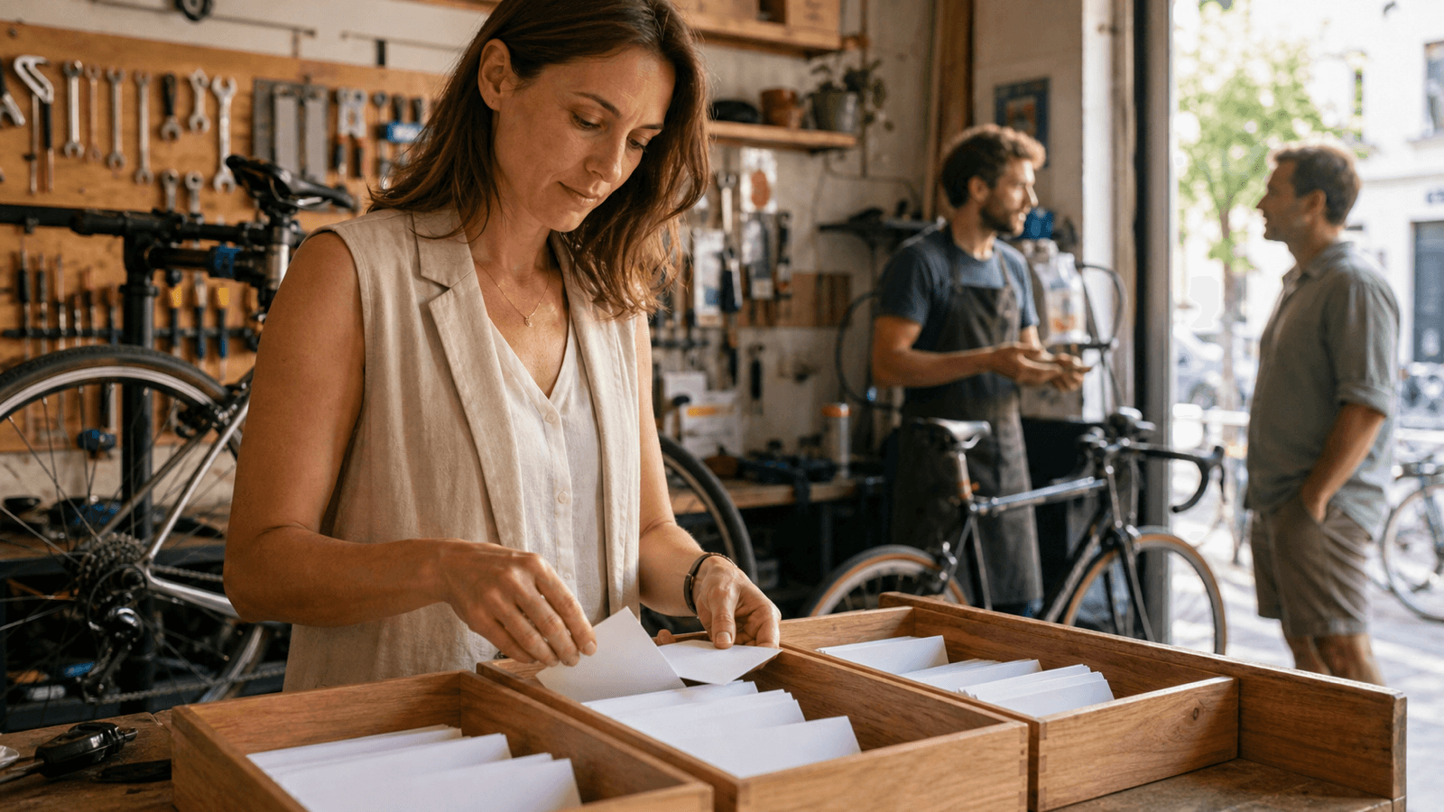 Employee sorting customer feedback in a bright, summery bicycle repair shop