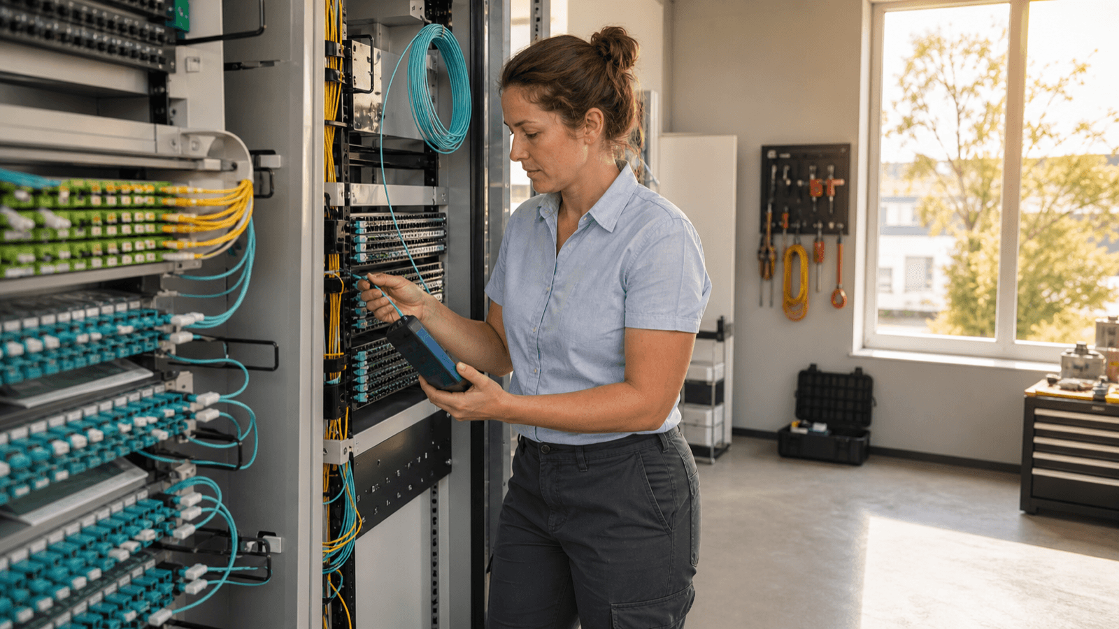Network technician tracing the path of a colored fiber optic cable in a bright equipment room