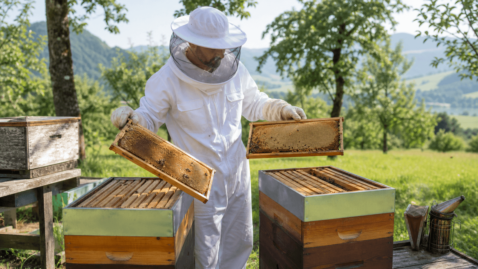 Erwachsener Imker vergleicht Waben aus zwei nebeneinanderstehenden Bienenstöcken auf einer spätsommerlichen Wiese