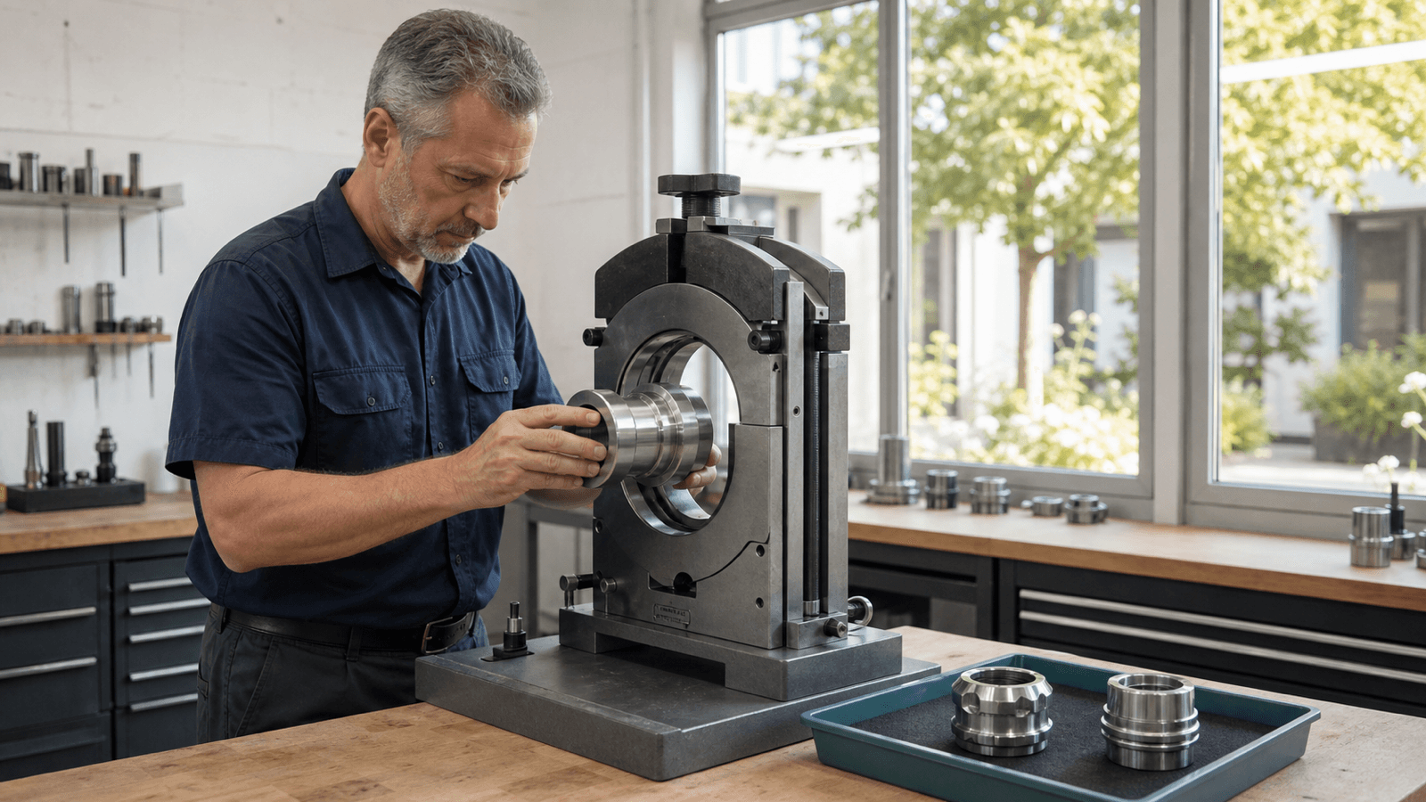 Erwachsener Qualitätsprüfer kontrolliert in einer hellen Präzisionswerkstatt eine Metallkupplung mit einer mechanischen Passlehre